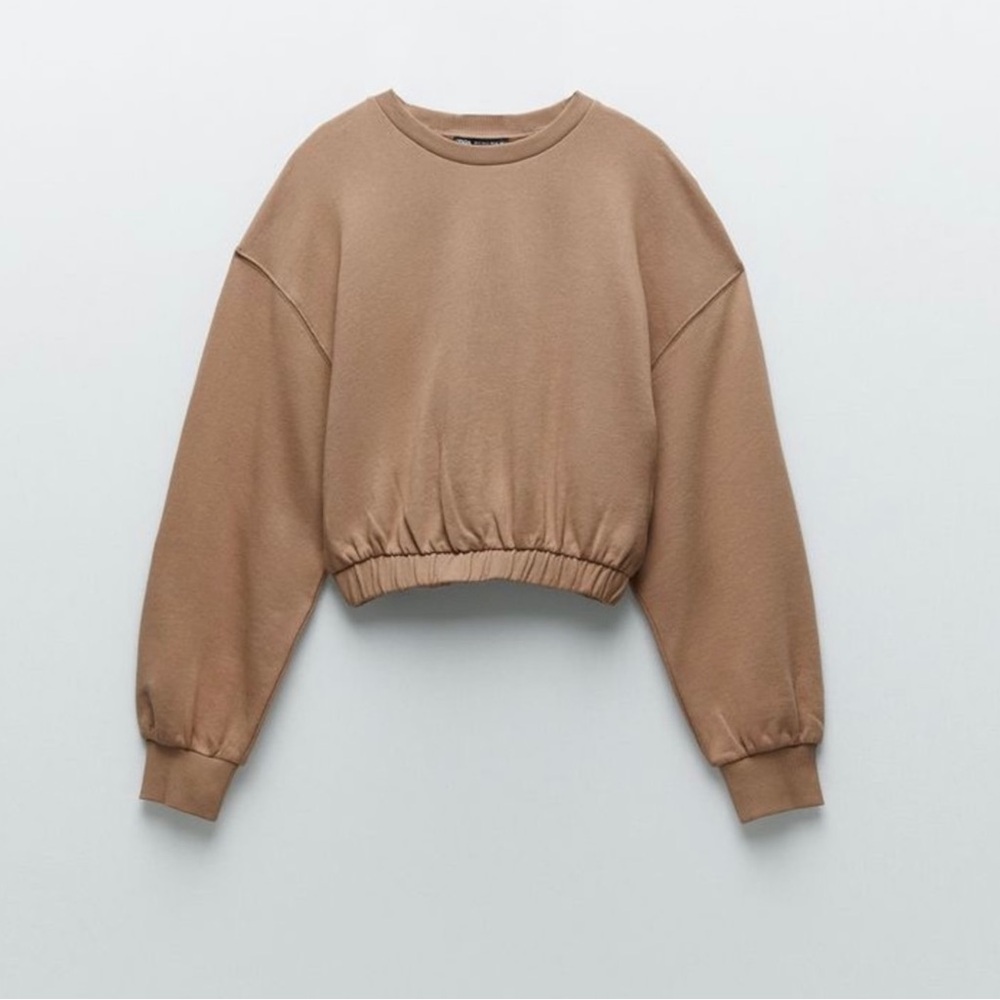 Zara Cropped Crewneck Sweatshirt in Camel + Shorts Set